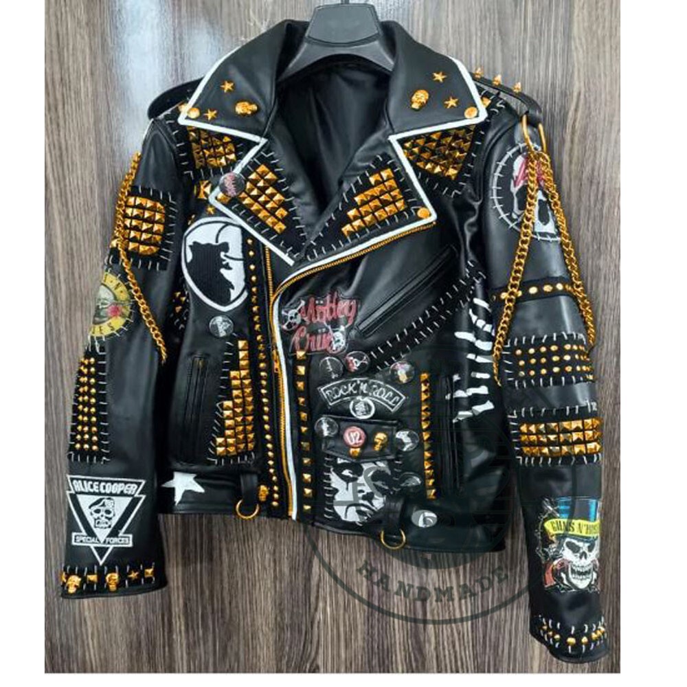Men's Alice Cooper Guns N Roses Embroidered Skull Leather Jacket with Studs  
