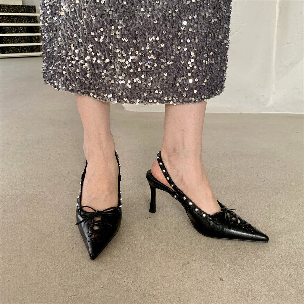 Women Punk Lace Up Stiletto Pumps with Pointy Toe and Slingback
