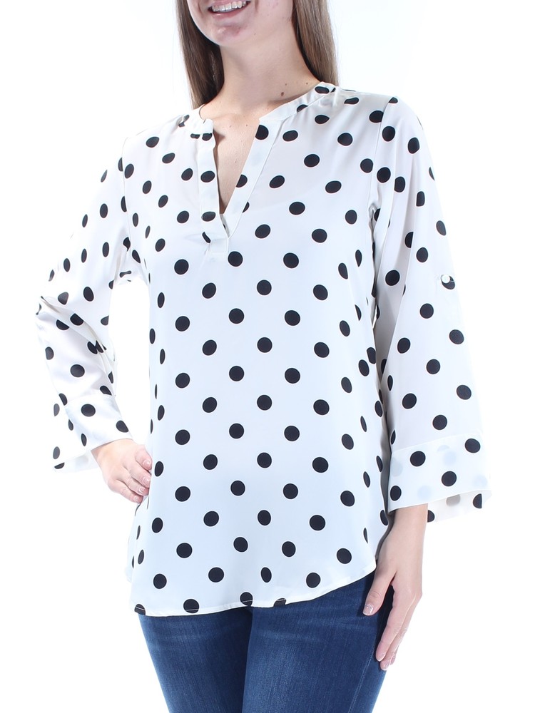 MAISON JULES Womens Ivory Polka Dot Long Sleeve V Neck Top Size: XS