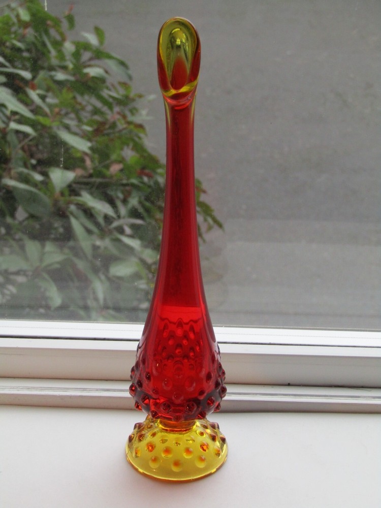 Vtg Fenton Art Glass Amberina Red Yellow Stretch Swung  10.75