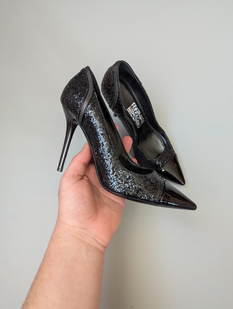 Salvatore Ferragamo Black Glitter and Patent Susi Cap Toe Pumps Size 8.5