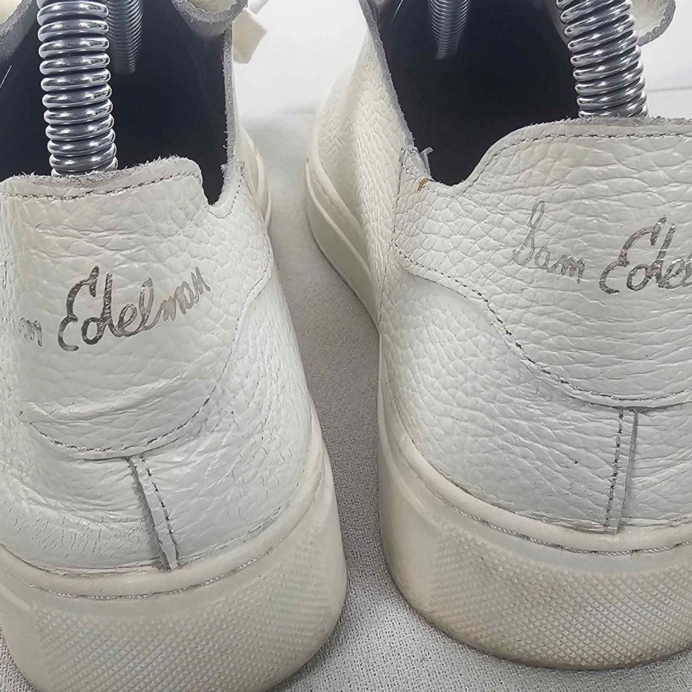 Women's White Leather Sam Edelman Sneakers with Silver Accents - Size 7