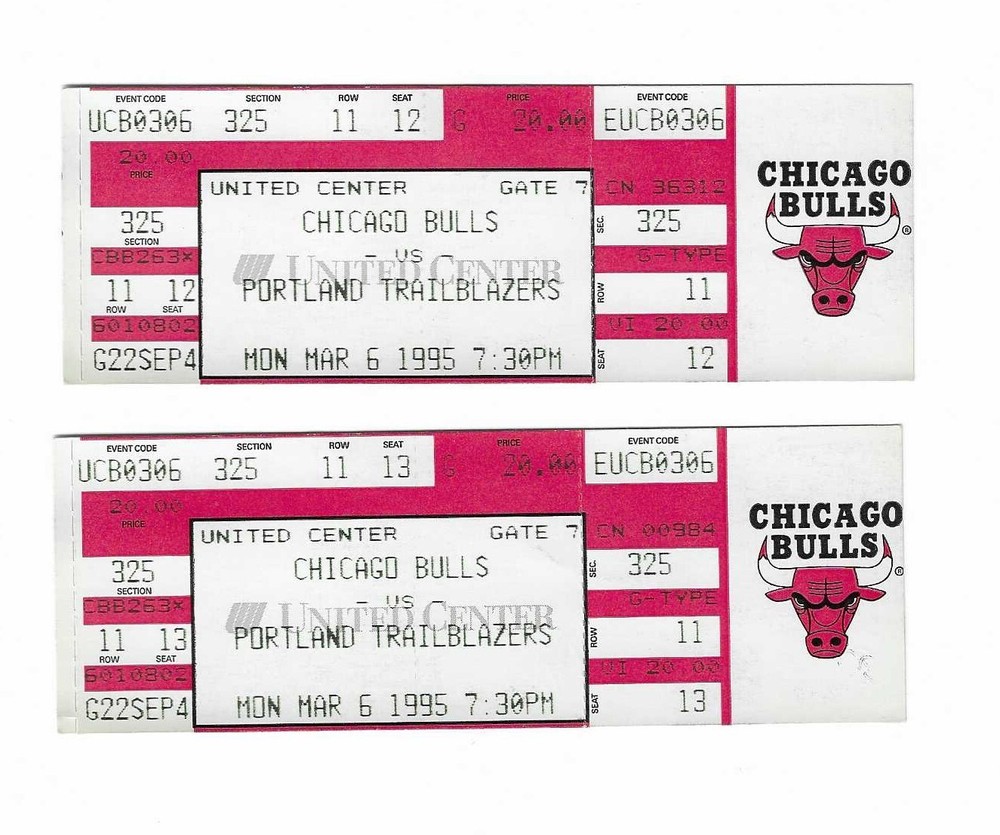 Chicago Bulls vs Portland Trailblazers Unused Basketball Tickets 3/6/1995