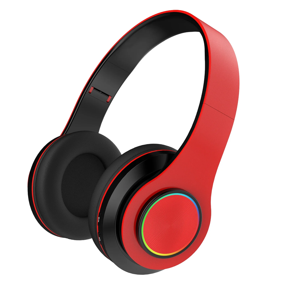 Foldable Red Over-Ear Bluetooth Headphones with Built-in Mic
