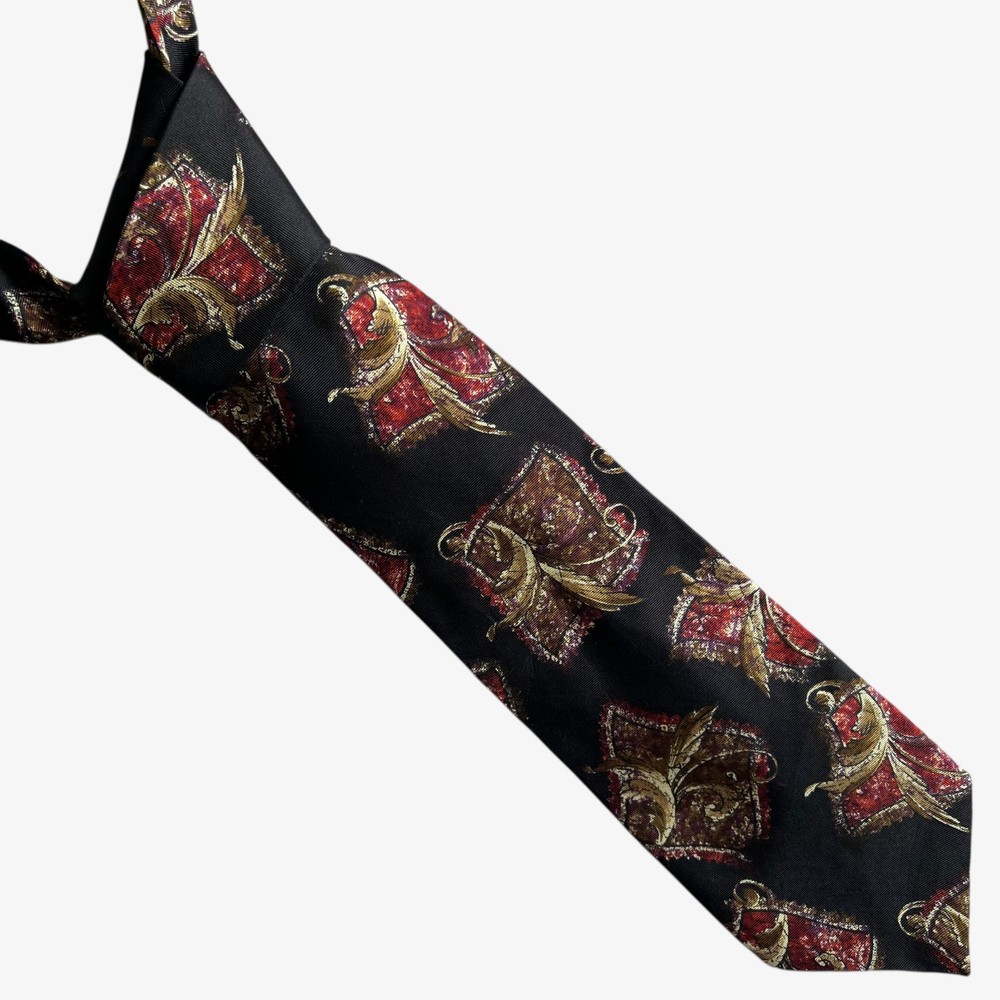 Vintage 80s Oscar De La Renta Abstract Geometric Floral Print Black Silk Tie