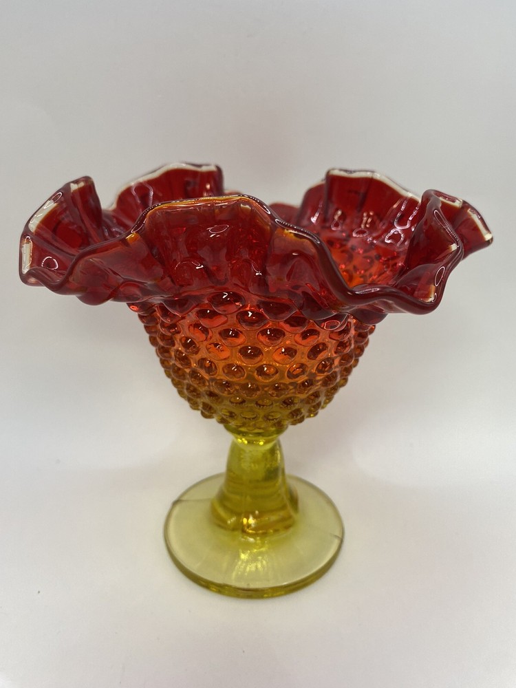 FENTON COLONIAL ORANGE AMBERINA HOBNAIL RUFFLED COMPOTE CADMIUM GLOWS