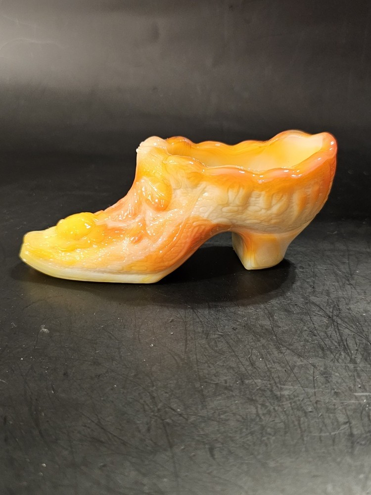 Vintage Kanawha Hand Crafted Cabbage Rose Orange Slag Glass Shoe