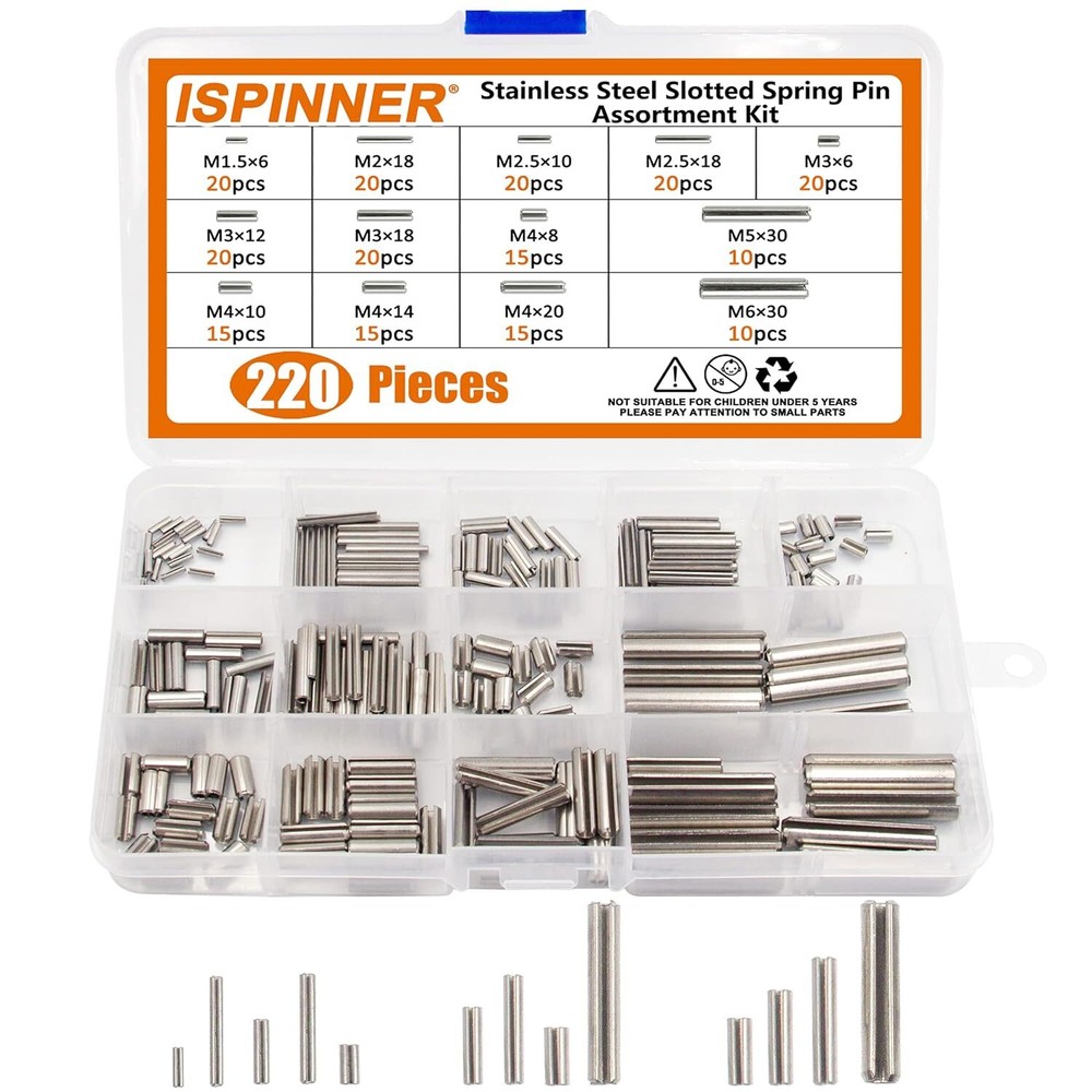ISPINNER 220Pcs Roll Pin Set, Stainless Steel Slotted Spring Pin Assortment
