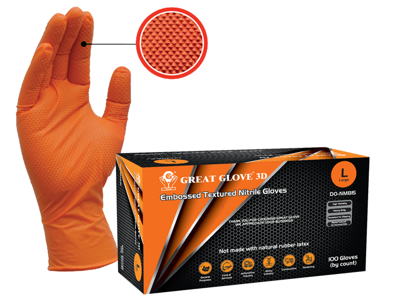 Heavy Duty 8Mil Nitrile Gloves Orange Case of 10 Boxes