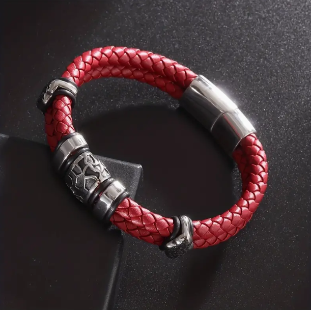 Men’s RED Leather Braided Bracelet w/ Silver Charm 8.66