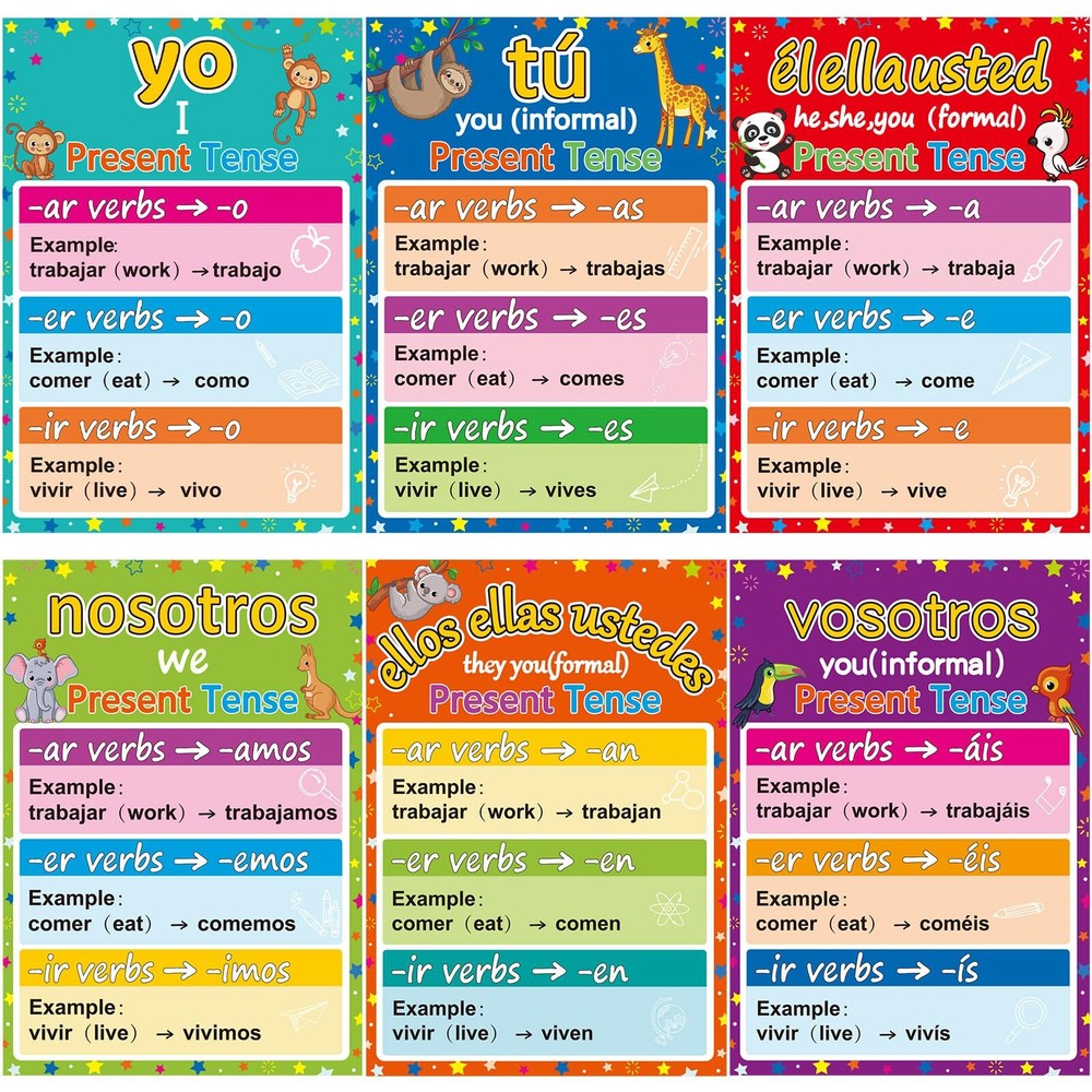 gisgfim 6 Pieces Spanish Verb Conjugation Posters Color Spanish Grammar Poste...