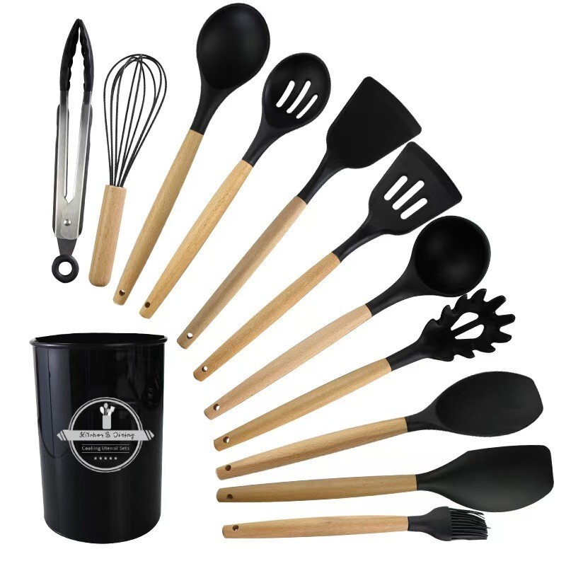 12pcs Silicone Kitchen Utensil Set with Wooden Handles - Non-Stick