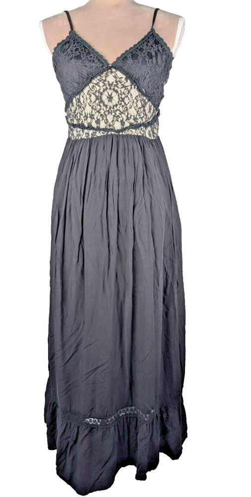 Y2K Maxi Slip Dress XS Small Crochet Lace Black Boho Witchy Goth Fairy