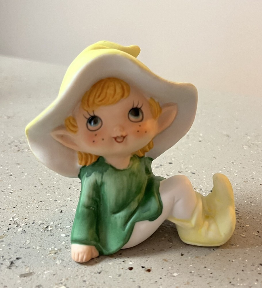 VTG Green Homco Ceramic Bisque Pixie Elf Figurine 5213 Fairies Gnome Decor