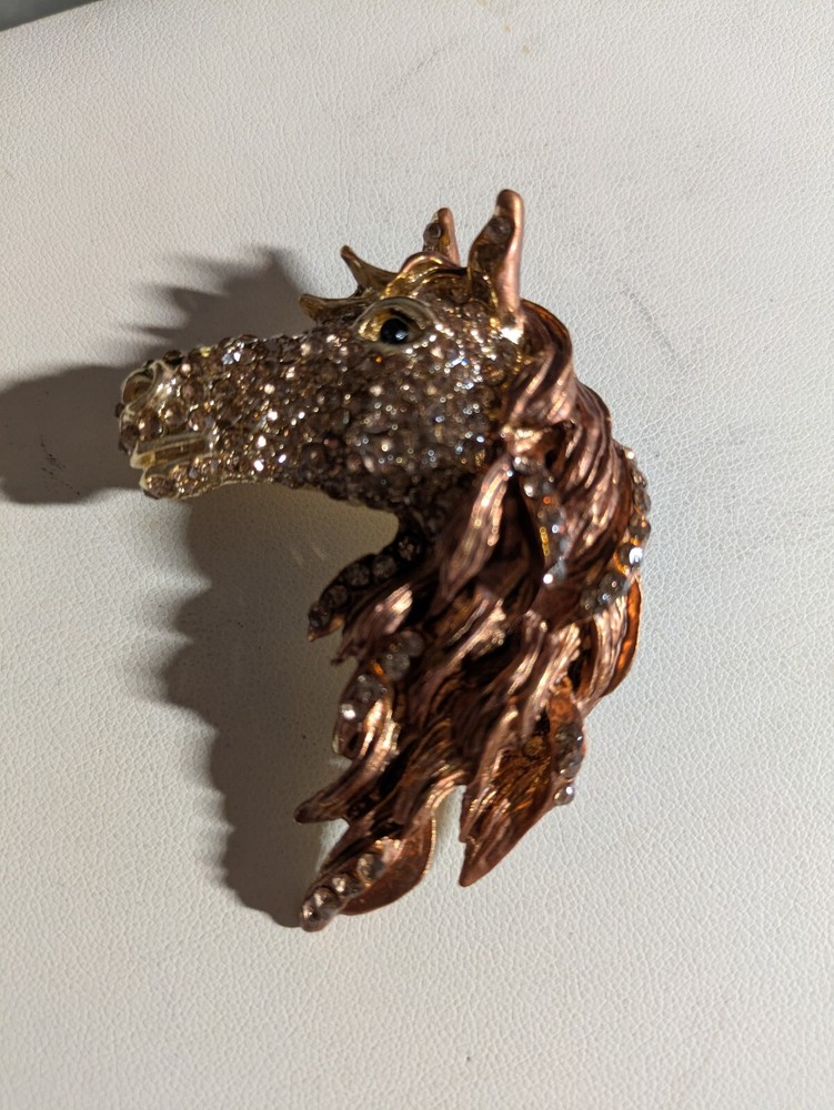 Striking Gold & Diamante Large Horses Head Brooch