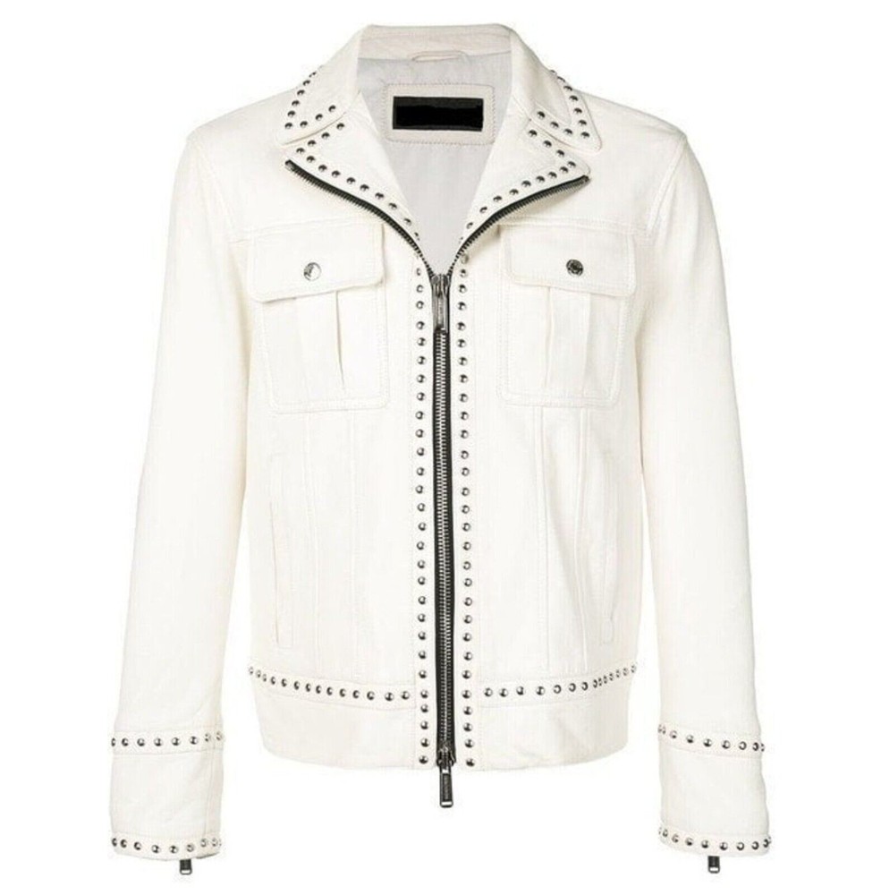 Men's White Studded Lambskin Biker Jacket Motorcycle Fashion Coat