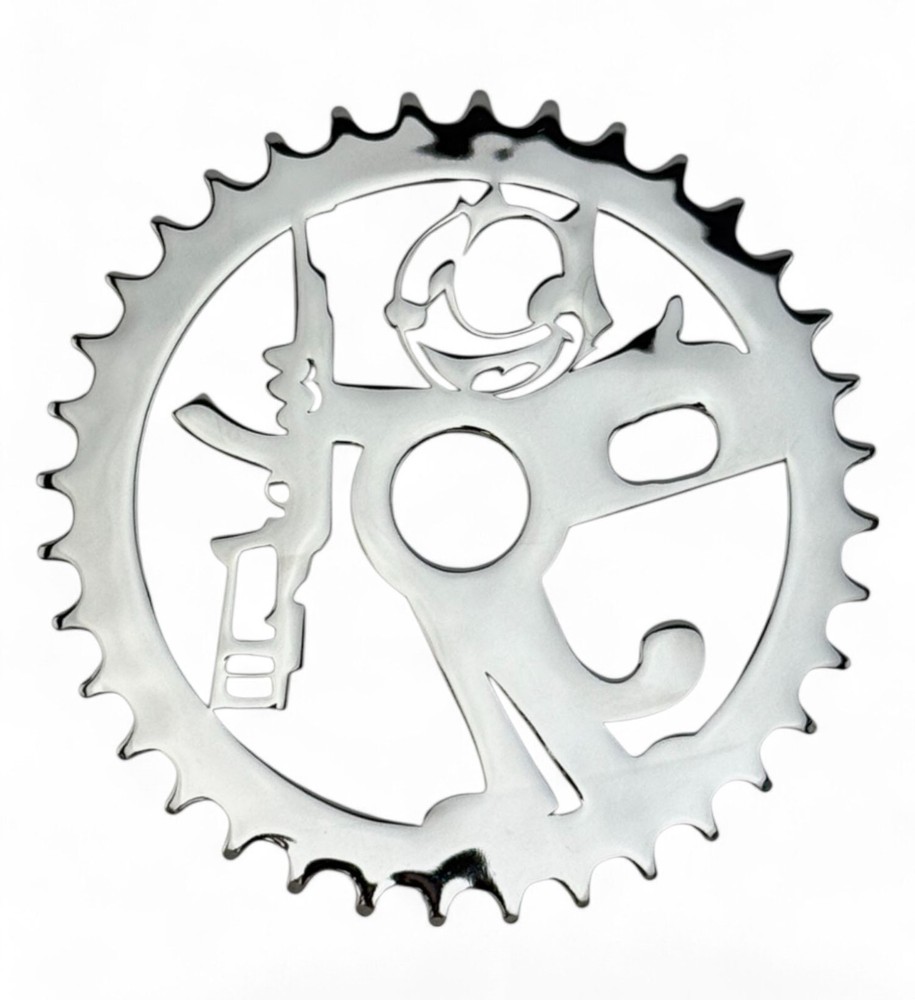 CUSTOM LASER CUT CHROME FELIX THE CAT W/ GUN STYLE 36T SPROCKET 20