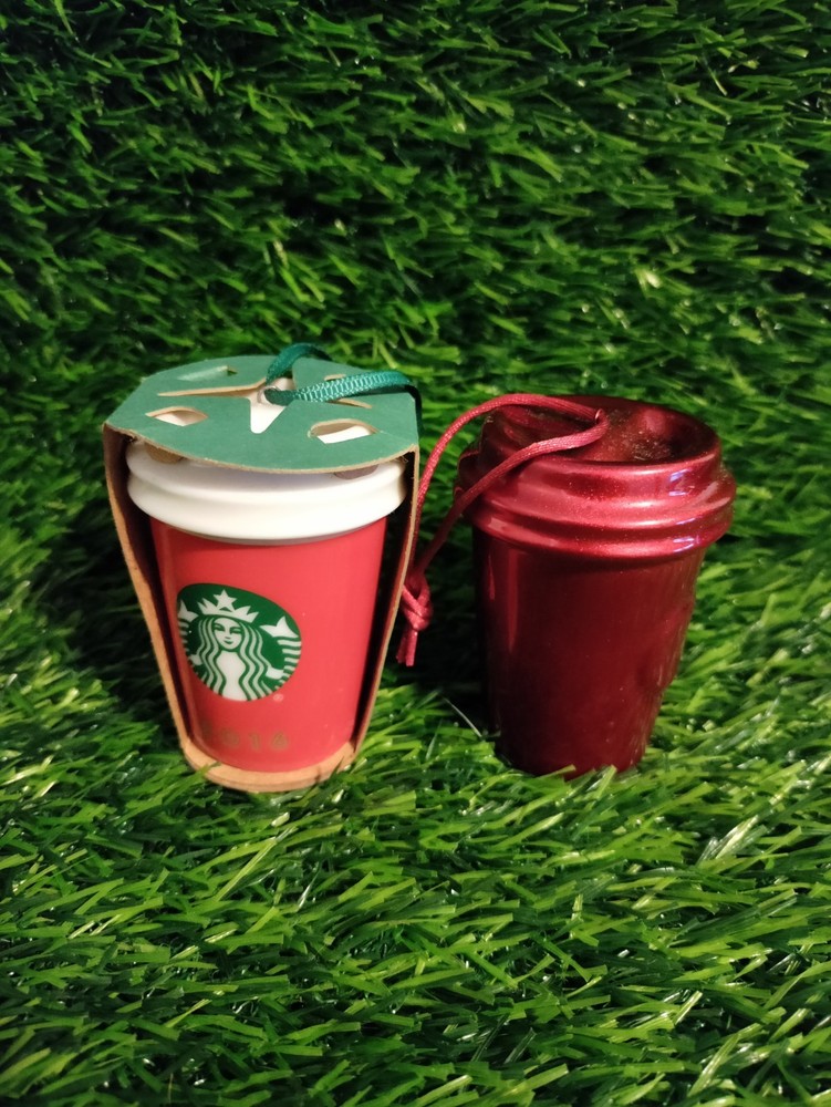 2 Starbucks 2014 & 2016 Red Metallic Ceramic Cup Ornament – Classic Holiday