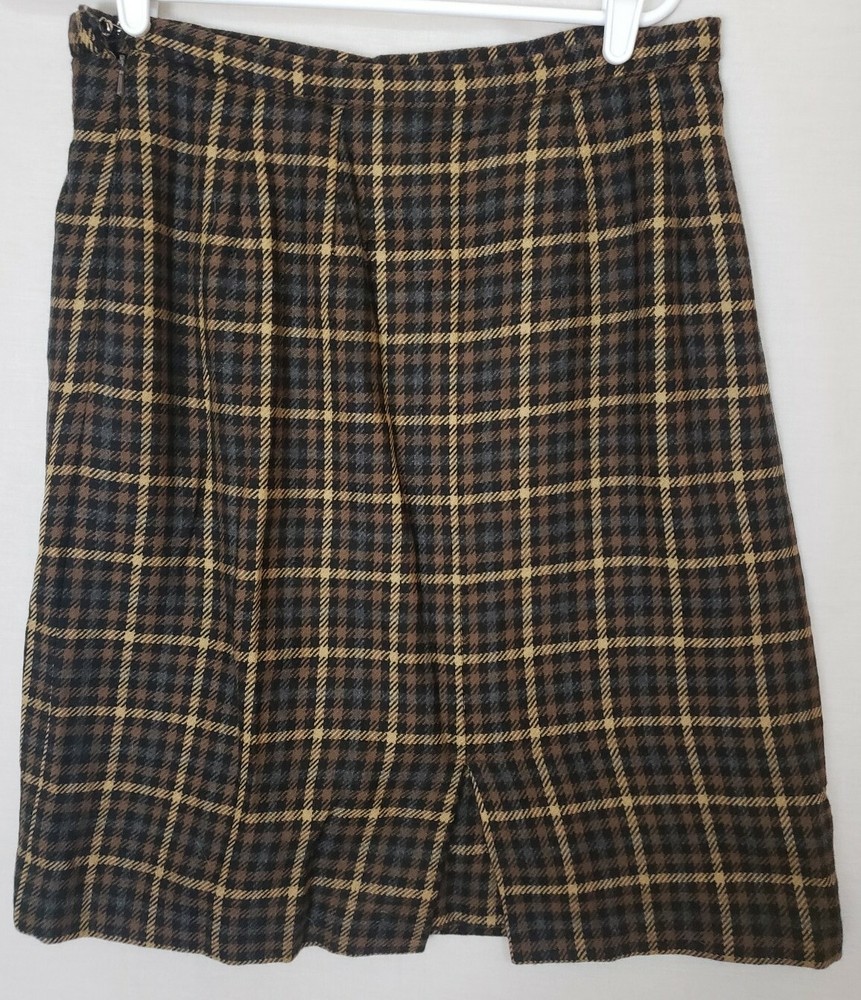 Vtg BURBERRYS London  Brown Wool  Houndstooth Plaid Modest Skirt Size M (ZK)