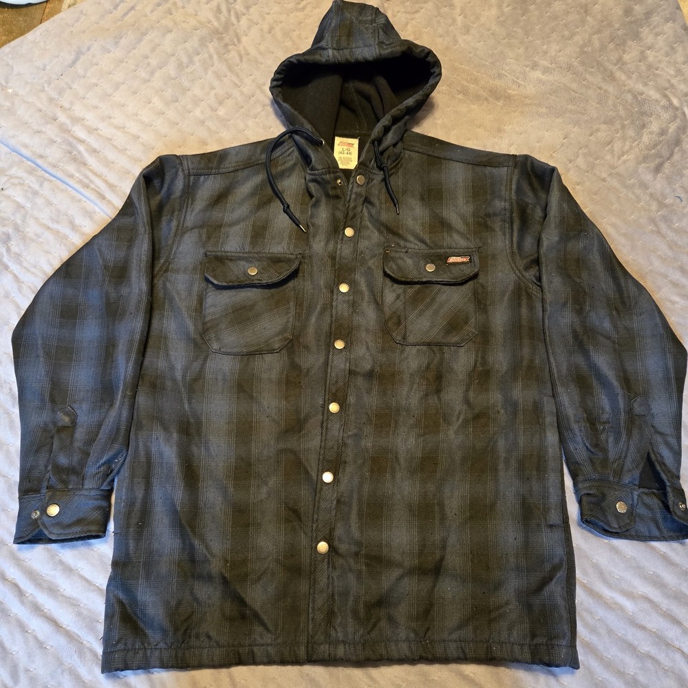 Dickies Fleece-Lined Plaid Hooded Work Jacket for Men in Blue Black Size Large