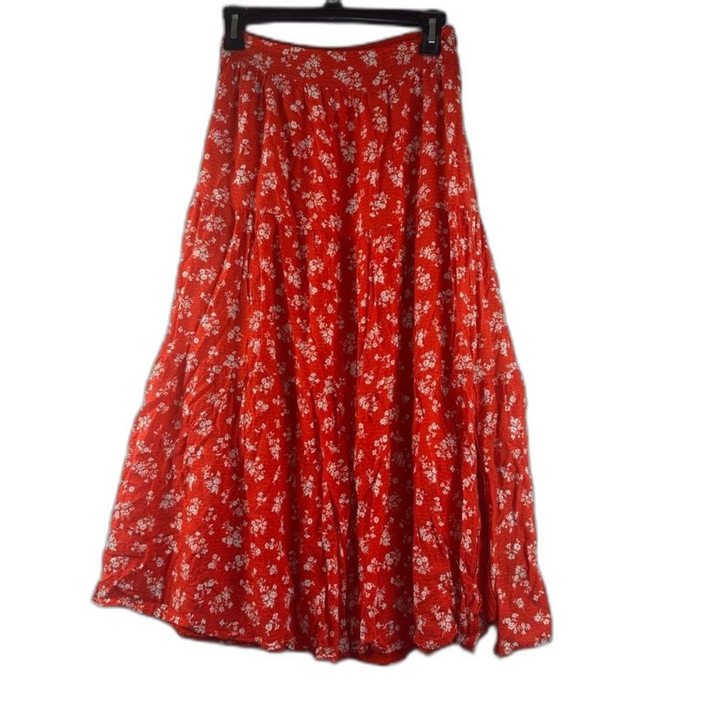 Lulus Red Floral Tiered Midi Skirt Size XS Seasonal Blooms Print-image