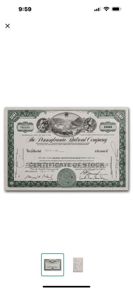 1959 THE PENNSYLVANIA RAILROAD COMPANY vintage stock certificate for 100 SHARES