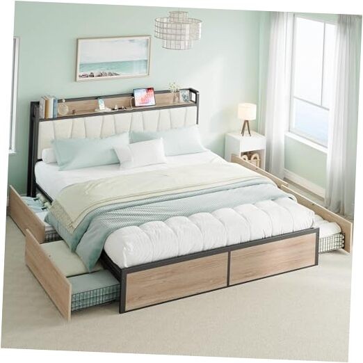 Bed Frame with 4 Storage Drawers, Platform Bed California King Wood and Cream