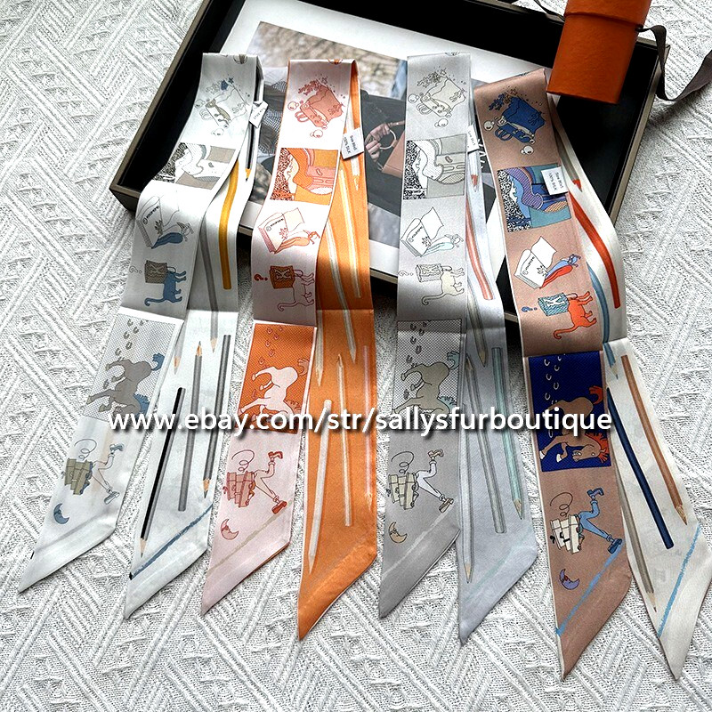 Sallys 100% Silk Scarf Ribbon Crayon Print Slim Bag Head Band Neck Tie 85x5cm