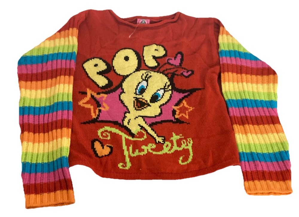 Vintage 2002 Looney Tunes Pop! Tweety Red Multi Color Knit Sweater Size Youth L