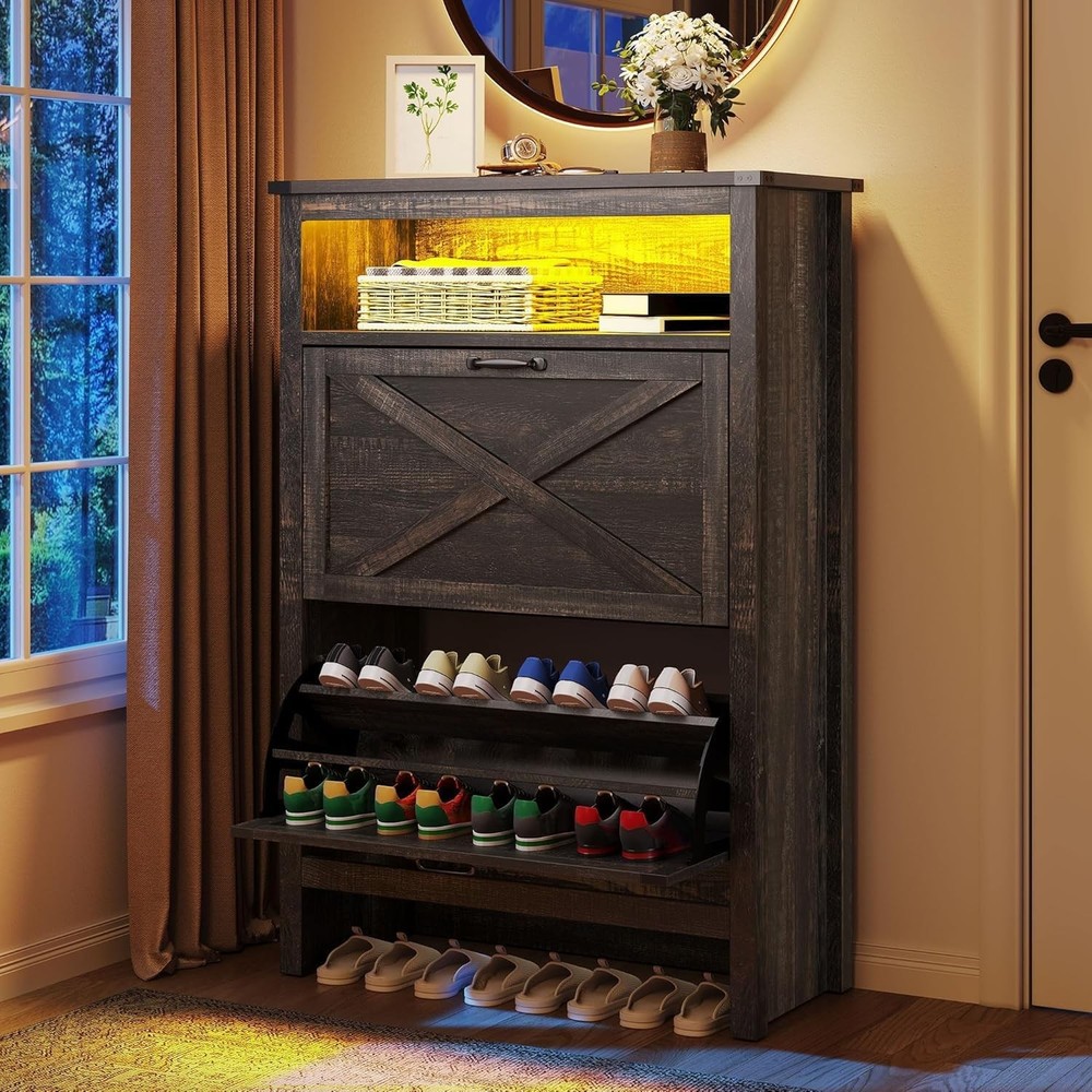 Modern Shoe Cabinet with Open Shelves and LED Lighting for Entryway Storage