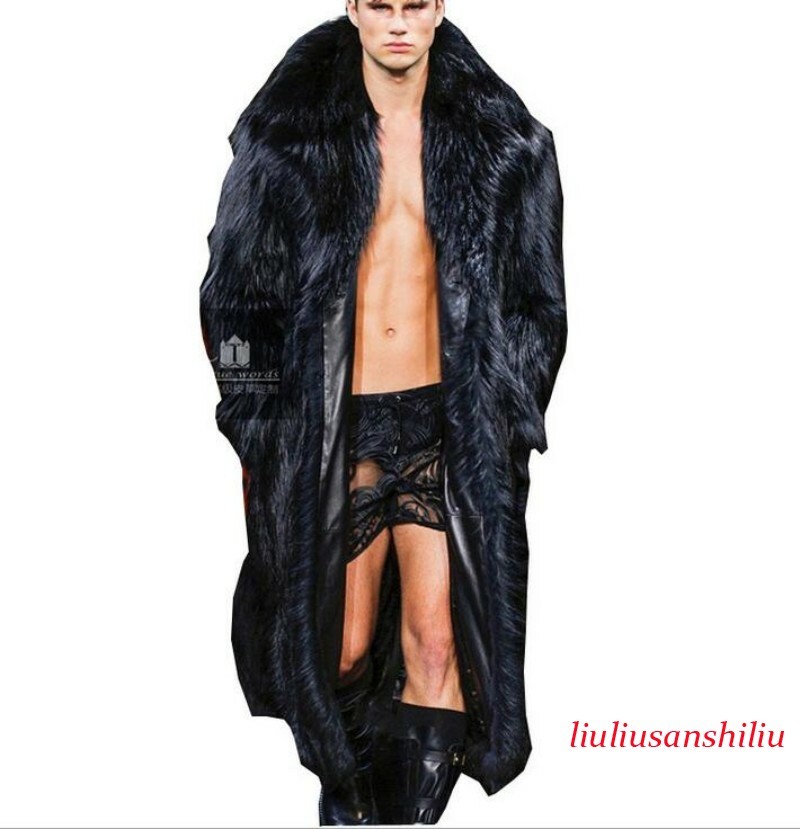 Men's Lapel Faux Mink Fur Jacket Long Overcoat Winter Outerwear Warm Coat Casual
