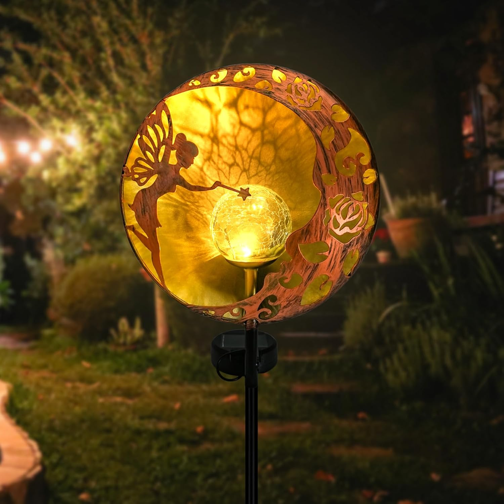 Fairy Solar Garden Light Outdoor Decorative Moon Star Stake Metal Sculpture Statue