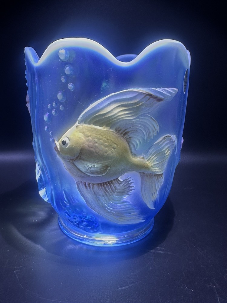 Vtg Fenton Glass Hand Painted Aqua Atlantis Koi Fish Iridescent Vase - Signed!