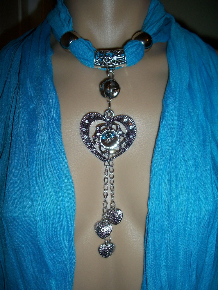 Crystal Heart Rhinestone Scarf Pendant Necklace in Antique Silver and Blue