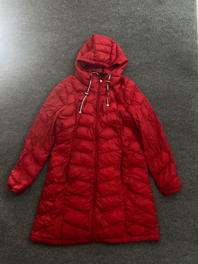 Tommy Hilfiger Women's Red Hooded Puffer Parka Coat Insulated Long Jacket L $150