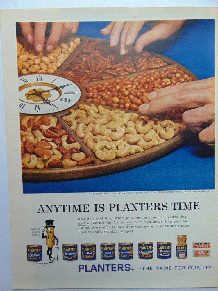 1962 PLANTERS NUTS in Clock Plate art print ad