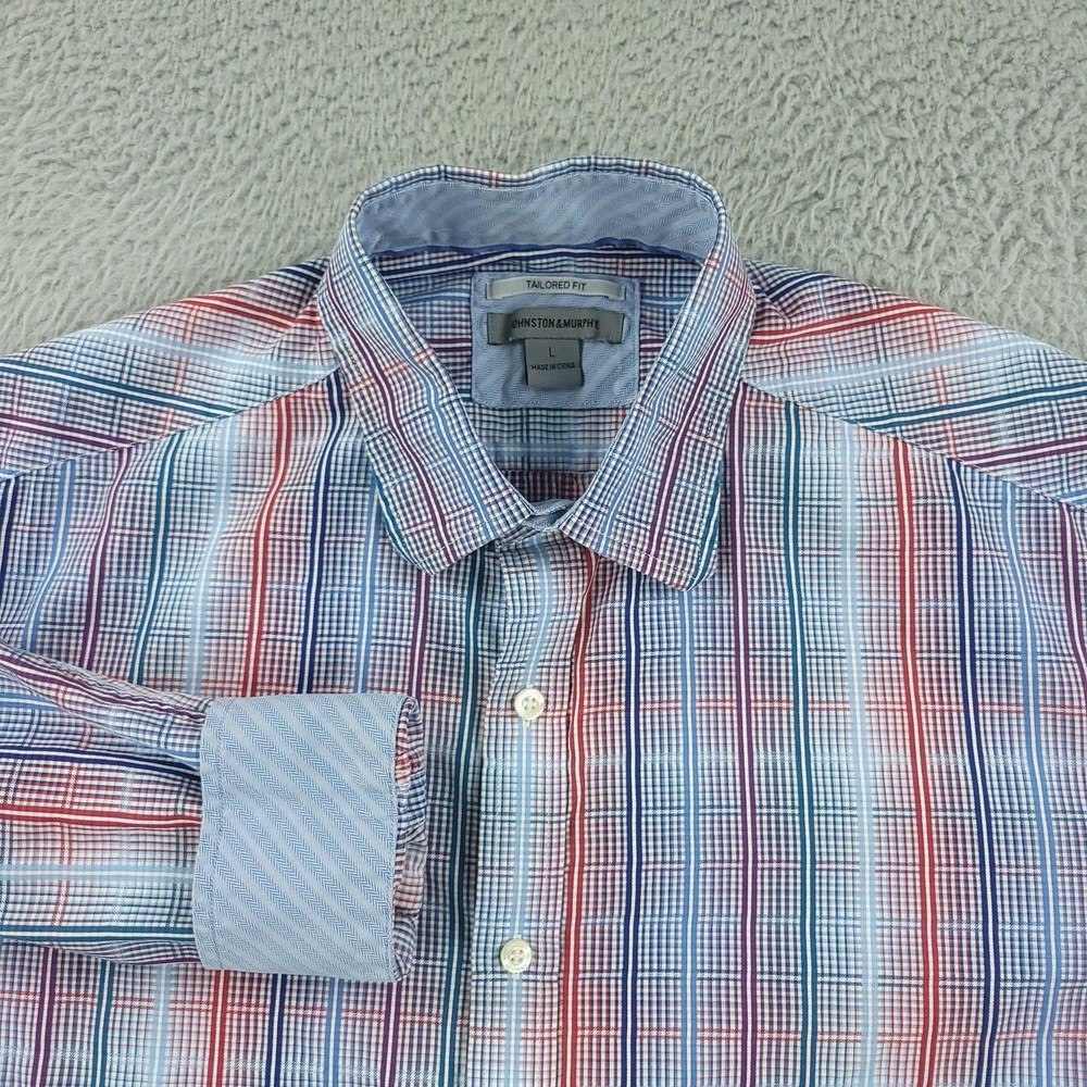 Johnston & Murphy Dress Shirt Mens Large Blue Red Plaid Tailored Fit Cotton