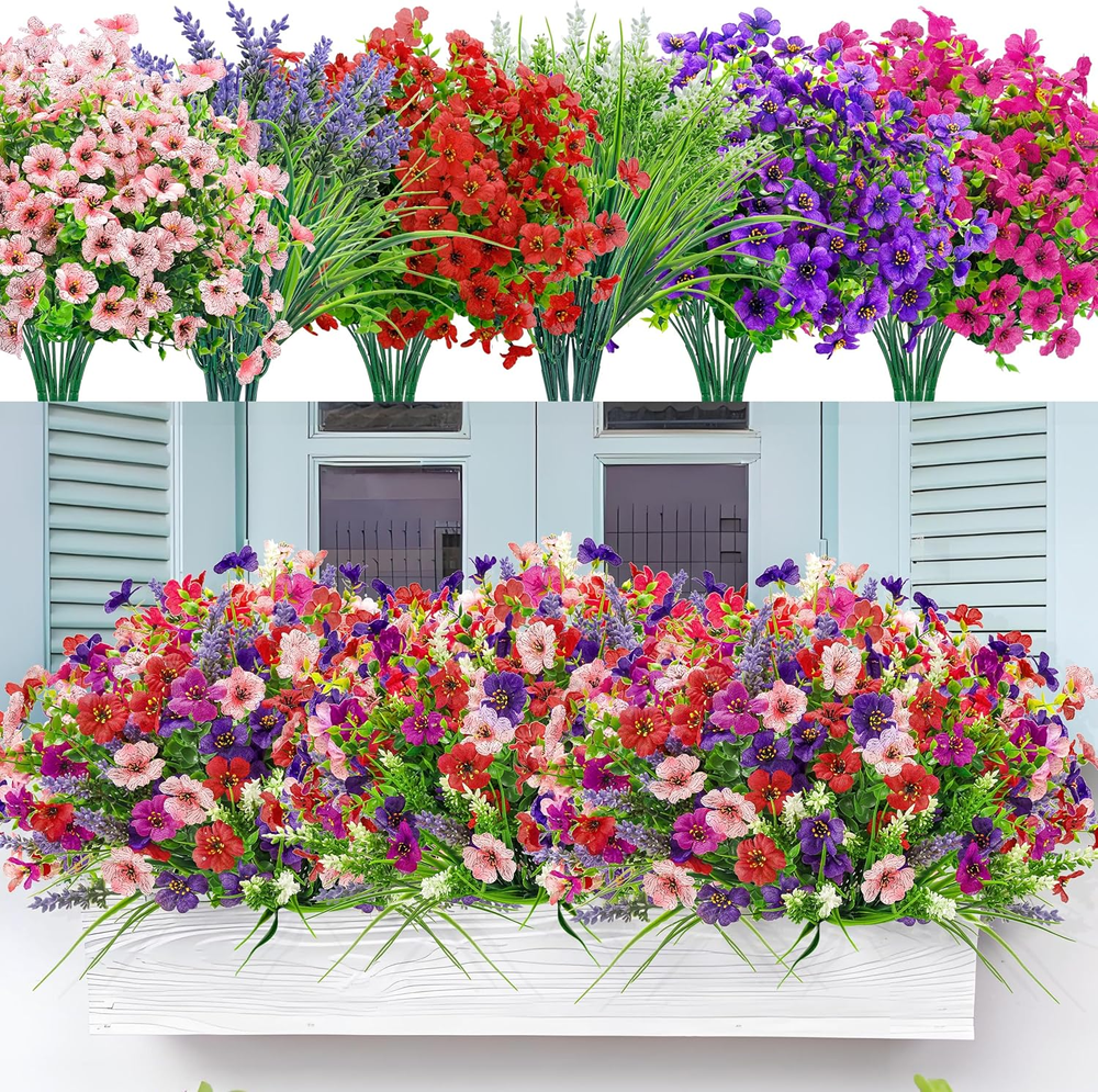 24 Bundles Artificial Flowers for Outdoors Fake Spring Flowers Plants UV Resista