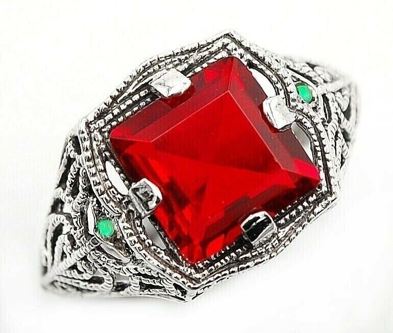 2CT Natural Fire Garnet & Opal 925 Sterling Silver Vintage Ring Size 6  