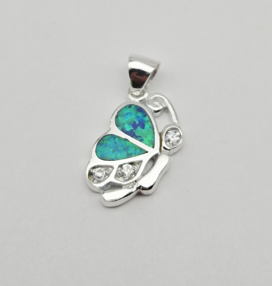 VTG Sterling Silver Opal Gemstone Mosaic Inlay Butterfly Petite Pendant - 3.4g