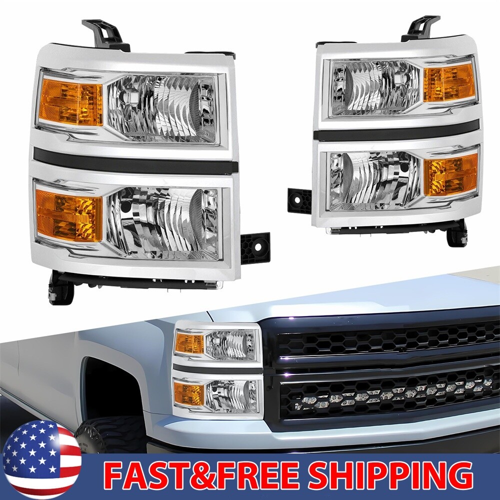 For 2014-2015 Chevy Silverado 1500 Chrome Headlights Headlamps LH+RH Pairs