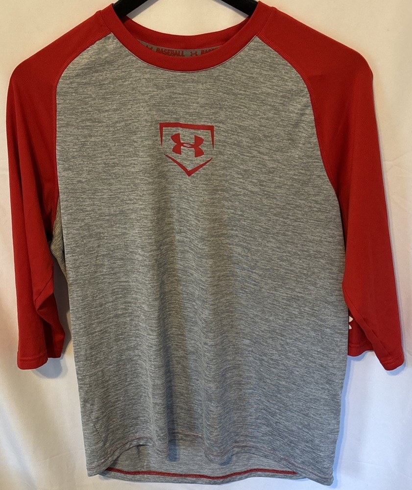 Men's Under Armour Baseball Shirt 3/4 Sleeve Red/Gray Loose Fit Heat Gear No Tag