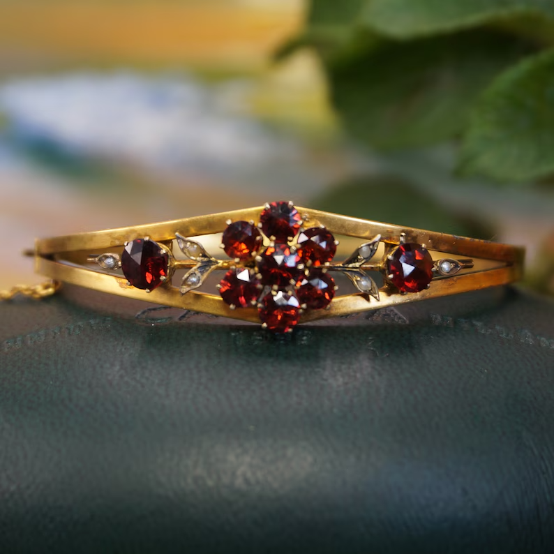 4ct Round Cut Simulated Red Garnet Flower Bangle Bracelet 14k Yellow Gold Plated