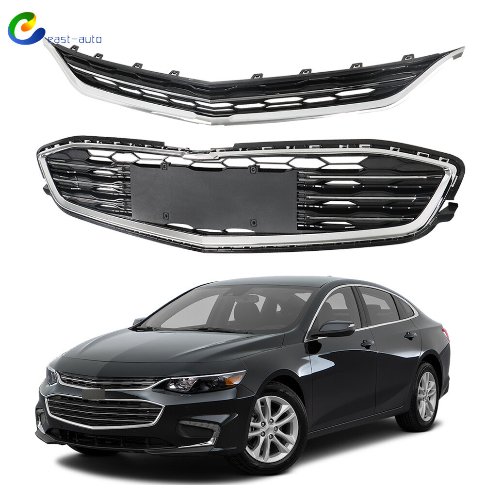 Front Upper & Lower Grille For 2016 17 18 Chevy Malibu Honeycomb Mesh Chrome BLK