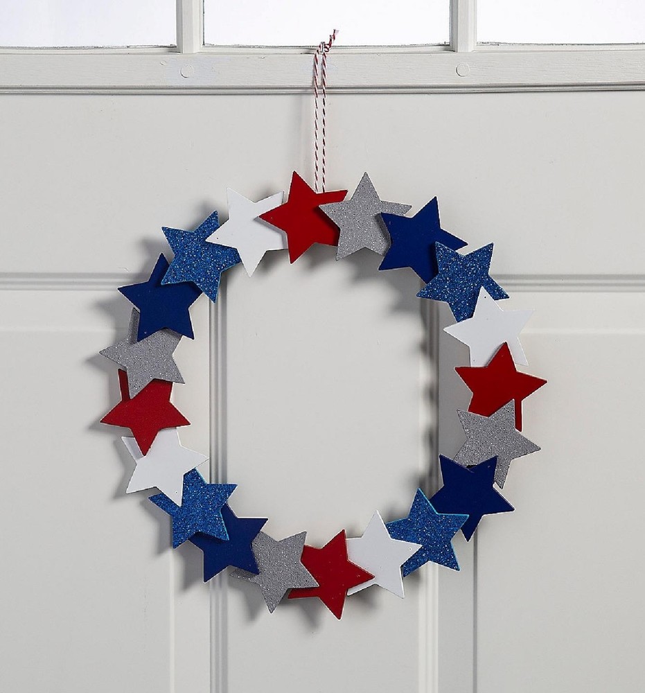 Patriotic 14 Inch Glittery Stars Metal Wood 4th of July Door Wreath #029