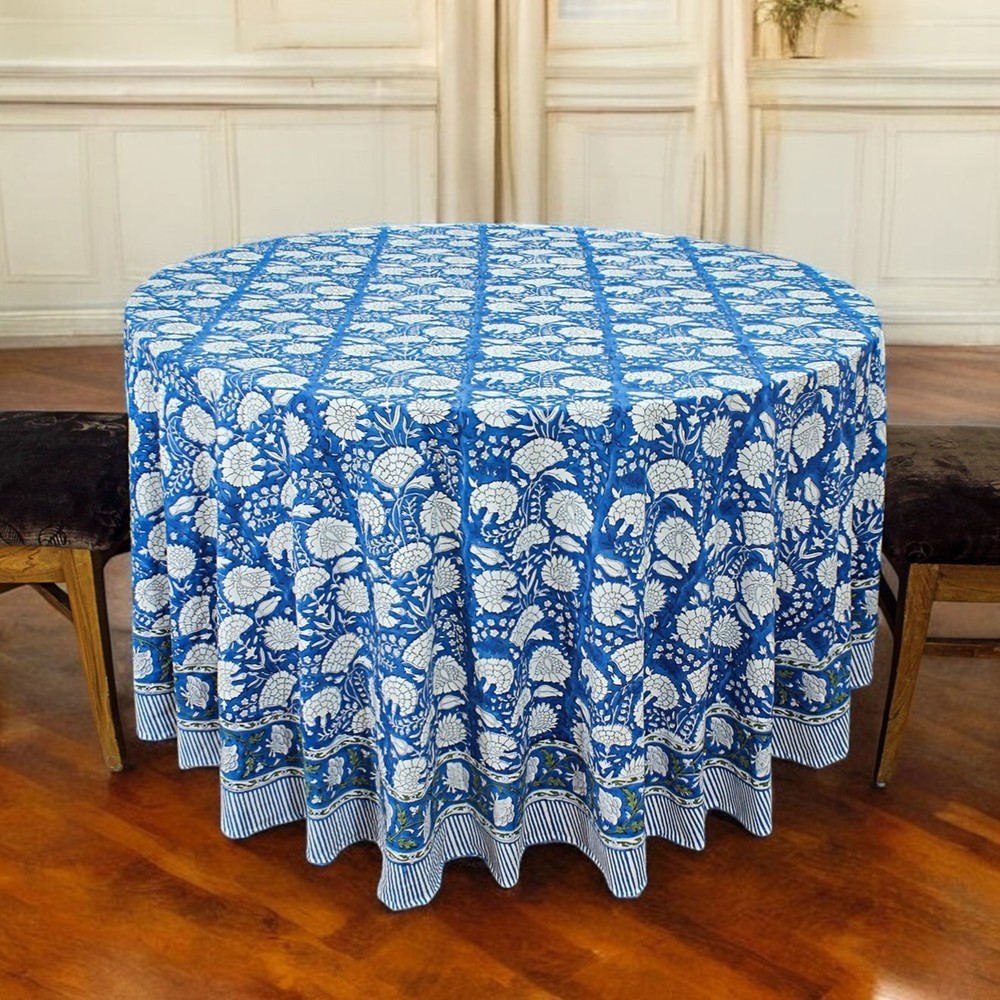Handblock Printed Round Cotton Tablecloth For Dinning, Home Decor Table Linens