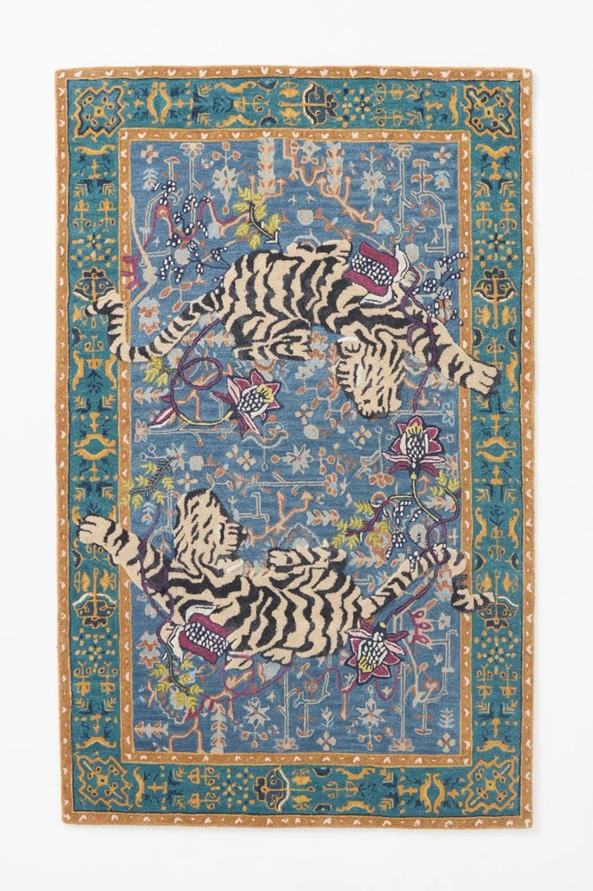 Handmade Wool Tufted Rug Agnes Design Blue Oriental Tiger Pattern Decor 8x12 Ft