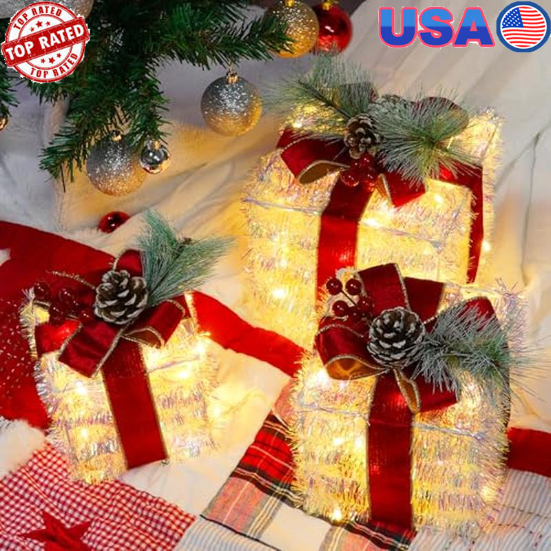 Set of 3 Lighted Christmas Gift Boxes 60 LED Indoor Outdoor Decorations New