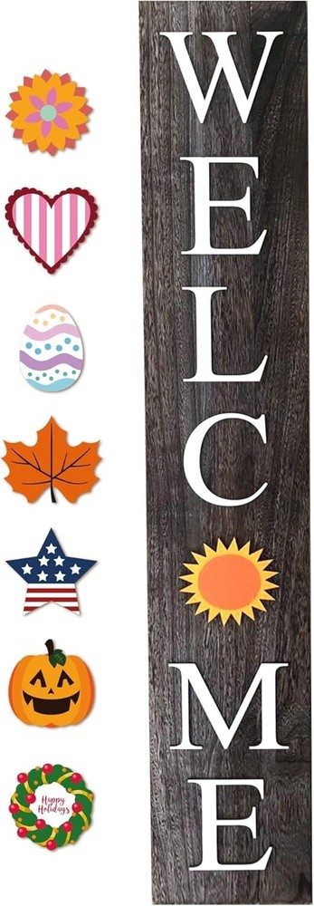 Charming Welcome Porch Sign with 8 Interchangeable Seasonal Tiles - Pine Wood