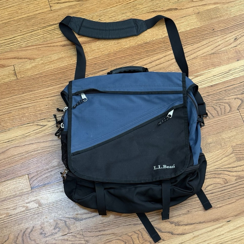 LL Bean Messenger Bag Backpack Carry On Computer Navy Blue Pockets